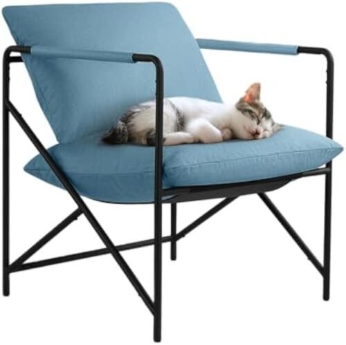 31aGxNDz2-L._AC_UY879.jpg Sling Accent Chair Living Room Chairs, Reading Chair Metal Framed Armchair for Bedroom, Modern Comfy Sling Chair with Shredded Foam Soft Upholstered Single Sofa 300lbs Max(Blue)