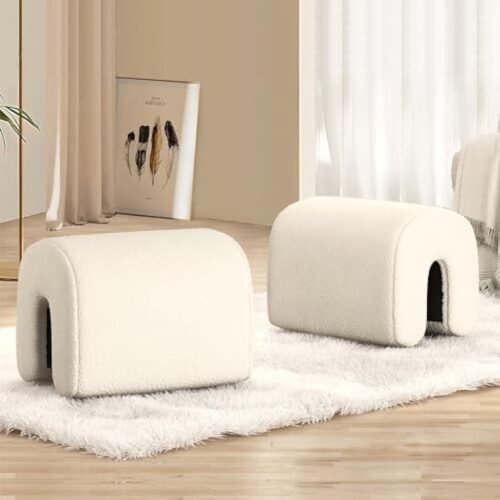 41AOvL-POEL._AC_UY879.jpg 2PCS Lamb Wool Ottoman, Small U-Shaped Foot Stools, Beige Single Sofa Resting Foot Rest Stool, Vanity Chair Bench for Bedroom End, Makeup Desk,Entryway, Living Room(18.11"*14.17"*15.55")