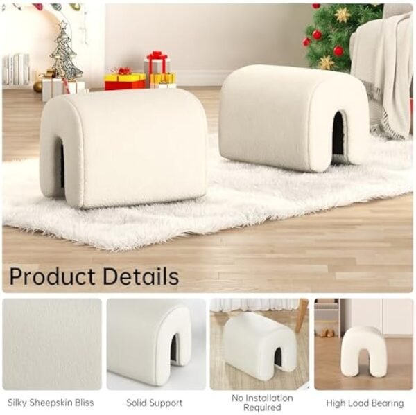 2PCS Lamb Wool Ottoman, Small U-Shaped Foot Stools, Beige Single Sofa Resting Foot Rest Stool, Vanity Chair Bench for Bedroom End, Makeup Desk,Entryway, Living Room（18.11"*14.17"*15.55"）