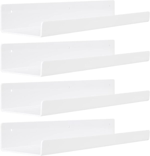 upsimples 4 Pack Acrylic Shelves for Wall Storage, 15" Floating Bookshelves for Kids, Display Shelf Organizer for Bathroom, Bedroom, Living Room, Kitchen, Room Decor, Clear