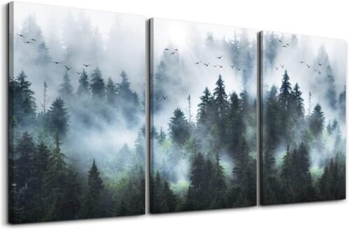 DZRWUBHS Canvas Wall Art For Living Room Modern Family Wall Decorations For Bedroom Office Wall Decor Foggy Forest Trees Landscape Wall Painting Prints Art Pictures Artwork Room Home Decor 3 Piece