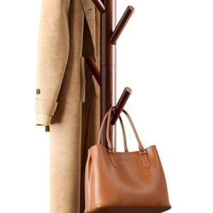 AMADA HOMEFURNISHING Coat Rack Stand, Wooden Coat Rack Freestanding with 8 Hooks, Coat Tree with 3 Height Configurations for Entryway, Hallway, Bedroom, Office, AMWCR01