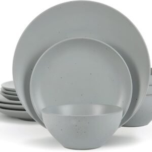 Famiware Moon Dinnerware Sets for 4, 12 Piece Stoneware Plates and Bowls Sets with Speckled Design, Matte Dish Set, Microwave and Dishwasher Safe, Charcoal