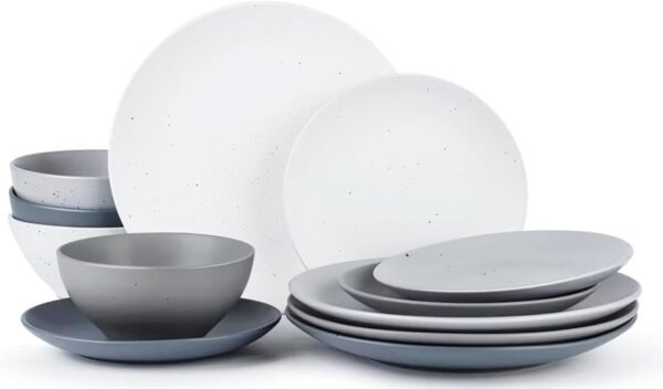 Famiware Moon Dinnerware Sets for 4, 12 Piece Stoneware Plates and Bowls Sets with Speckled Design, Matte Dish Set, Microwave and Dishwasher Safe, Charcoal