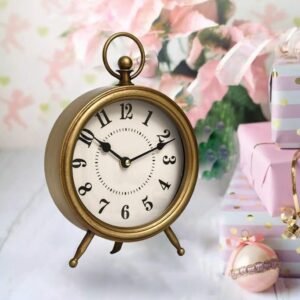 51T7P-4DA1L._AC.jpg Vintage Table Clock on Stand, Decorative Desk and Shelf Clock Rustic Mantel Clock Non-Ticking, Metal Frame with Antique Gold Finish