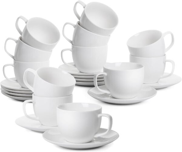 BTaT- White Tea Cups and Saucers, 8oz, Tea Cups Set of 12, Porcelain Tea Cups, White Cup & Saucer Sets, White Tea Cup Set of 12, Tea Cup Sets, Bulk Tea Cups and Saucers Set of 12, Tea Cups and Sets