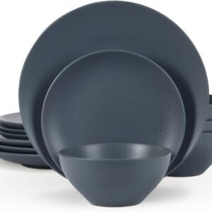 Famiware Moon Dinnerware Sets for 4, 12 Piece Stoneware Plates and Bowls Sets with Speckled Design, Matte Dish Set, Microwave and Dishwasher Safe, Charcoal