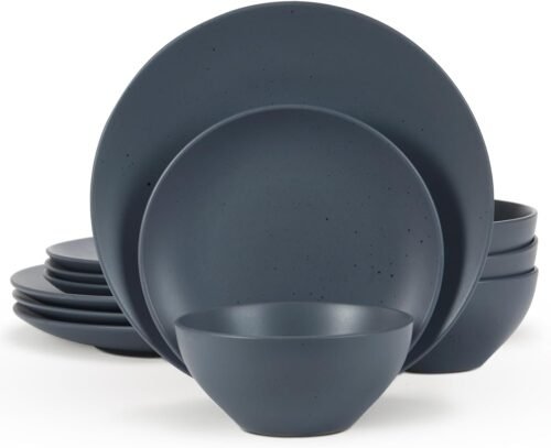 51bkE71T9WL._AC_SL1500.jpg Famiware Moon Dinnerware Sets for 4, 12 Piece Stoneware Plates and Bowls Sets with Speckled Design, Matte Dish Set, Microwave and Dishwasher Safe, Charcoal