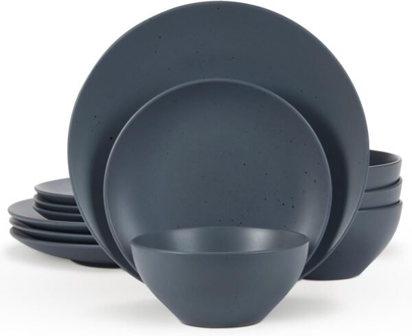 Famiware Moon Dinnerware Sets for 4, 12 Piece Stoneware Plates and Bowls Sets with Speckled Design, Matte Dish Set, Microwave and Dishwasher Safe, Charcoal