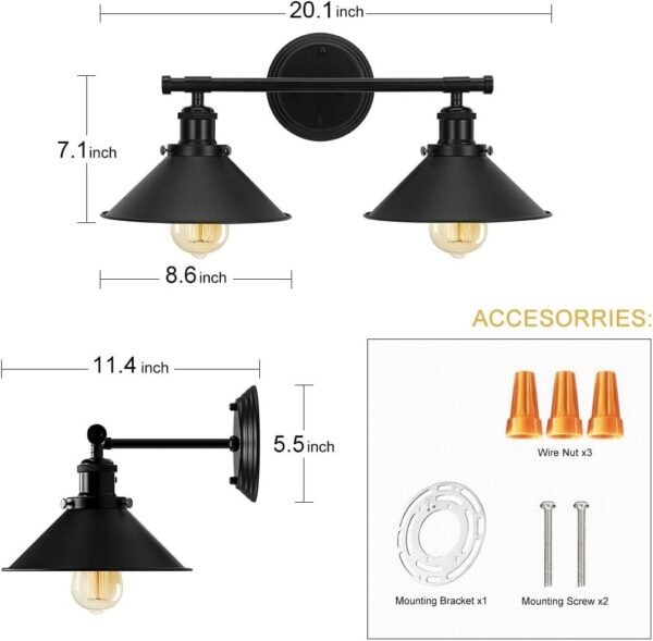 Alynzee 2 Light Bathroom Vanity Light Fixtures,Farmhouse Wall Sconce Matte Black Finish Industrial Bathroom Vanity Lighting for Bathroom Kitchen Living Room Workshop Cafe