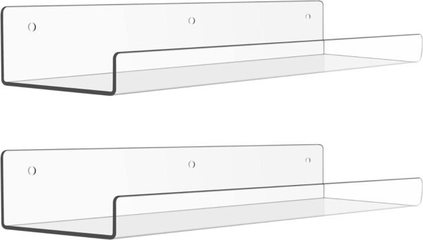 upsimples 4 Pack Acrylic Shelves for Wall Storage, 15" Floating Bookshelves for Kids, Display Shelf Organizer for Bathroom, Bedroom, Living Room, Kitchen, Room Decor, Clear