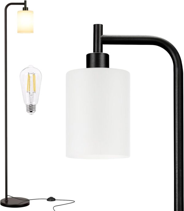 Industrial Floor Lamp with Glass Shade - Black, LED Bulbs, Foot Pedal Switch, Easy Assembly
