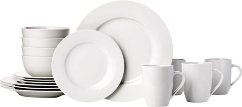 Basics 16-Piece Porcelain Kitchen Dinnerware Set with Plates, Bowls and Mugs, Service for 4 - White