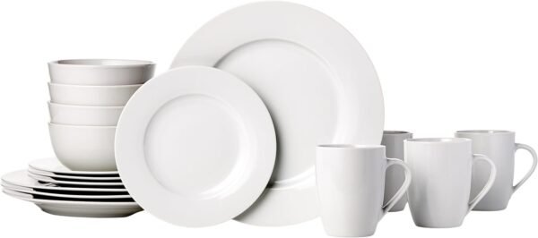 610ta31oH3L._AC_SL1500.jpg Basics 16-Piece Porcelain Kitchen Dinnerware Set with Plates, Bowls and Mugs, Service for 4 - White