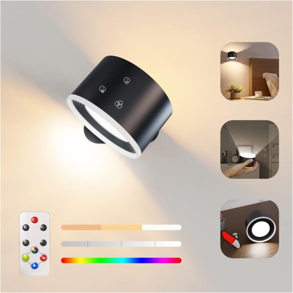Koopala LED Wall Sconces, Wall Mounted Lamps with Rechargeable Battery Operated Dim 3 Brightness Removable Charging 360°Rotate Magnetic Ball, Cordless Wall Light for Reading Study Bedside Hallway