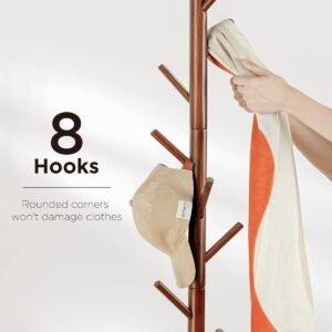 AMADA HOMEFURNISHING Coat Rack Stand, Wooden Coat Rack Freestanding with 8 Hooks, Coat Tree with 3 Height Configurations for Entryway, Hallway, Bedroom, Office, AMWCR01