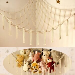 Large Stuffed Animal Hammock Corner Net for Toys Storage Hanging Stuff Animal Organizer Holder Pink Girls Living Room Bedroom Boho Nursery Dorm Decor
