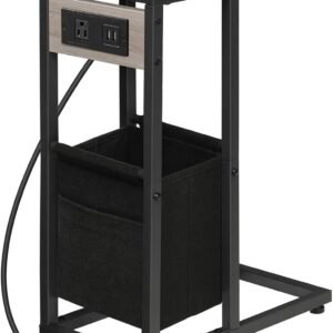 HOOBRO C Shaped Side Table with Charging Station, Foldable End Table with Fabric Bag, Sofa Table Coffee Table Snack Table for Couch Small Space Living Room, Bedroom, Greige and Black BG30USF01