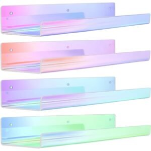 upsimples 4 Pack Acrylic Shelves for Wall Storage, 15" Floating Bookshelves for Kids, Display Shelf Organizer for Bathroom, Bedroom, Living Room, Kitchen, Room Decor, Clear