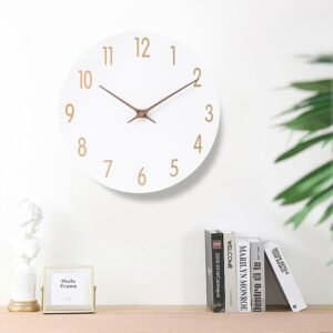 Wall Clocks Battery Operated, 12 Inch Silent Non Ticking Wood Modern Wall Clock, Quartz White and Gold Wall Clock Decorative for Living Room Decor Kitchen Bedroom Office Home