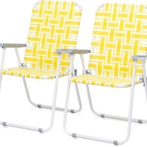 Set of 2 Patio Folding Lawn Chair, Outdoor Beach Chair Portable Camping Chair, Webbed Folding Chair for Yard, Garden (Yellow)