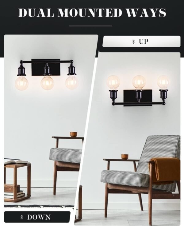 3-Light Vanity Light Fixture, Industrial Black Wall Sconce Lighting Fixture, Farmhouse Vanity Wall Lights Over Mirror, E26 Base Indoor Wall Lamp for Bathroom (Bulb Not Included)