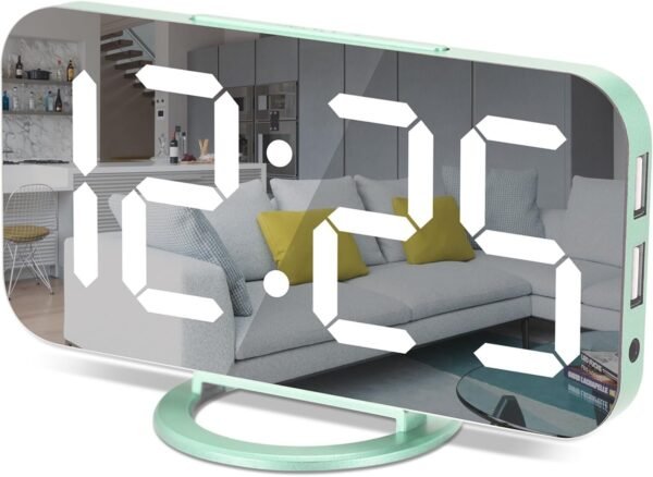 61DhfQhaSWL._AC_SL1500.jpg Digital Alarm Clock,7 in LED Mirrored Clocks Large Display,with 2 USB Charger Ports,Auto Dim,Night Mode,Modern Desktop Electronic Clocks for Bedroom Home Office Decor - Gold