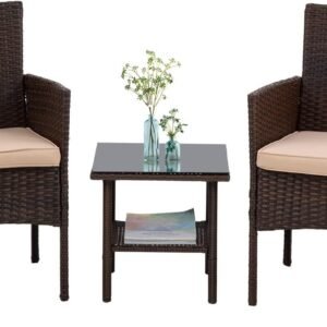3 Piece Furniture Patio Chairs Wicker Outdoor Rattan Conversation Bistro Set for Backyard Porch Poolside Lawn (Brown)