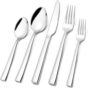 Silverware Set for 12, CXJY 60-Piece Stainless Steel Flatware Cutlery Set, Square Edge Kitchen Utensil Include Knives/Forks/Spoons, Tableware for Home/Hotel, Mirror Polished Dishwasher Safe