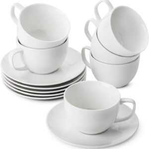 BTaT- White Tea Cups and Saucers, 8oz, Tea Cups Set of 12, Porcelain Tea Cups, White Cup & Saucer Sets, White Tea Cup Set of 12, Tea Cup Sets, Bulk Tea Cups and Saucers Set of 12, Tea Cups and Sets