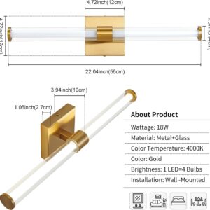 Gold Bathroom Vanity Light Fixtures Over Mirror 22 inch Modern LED Vanity Lights for Bathroom with Clear Glass Shade 4000K Bathroom Sconce 360° Bathroom Lighting(Gold 22 inch)