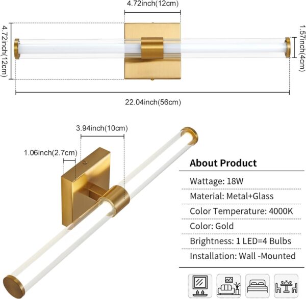 Gold Bathroom Vanity Light Fixtures Over Mirror 22 inch Modern LED Vanity Lights for Bathroom with Clear Glass Shade 4000K Bathroom Sconce 360° Bathroom Lighting(Gold 22 inch)