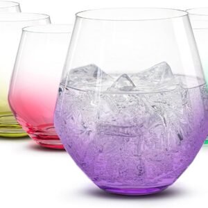 BENETI Premium Stemless Wine Glass | Handmade In Europe | 18oz Colored Stemless Crystal Wine Glasses set 6