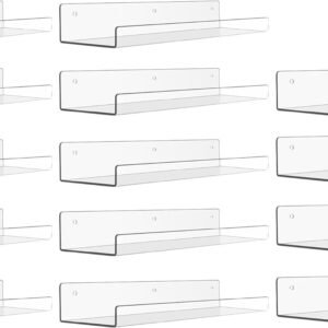 upsimples 4 Pack Acrylic Shelves for Wall Storage, 15" Floating Bookshelves for Kids, Display Shelf Organizer for Bathroom, Bedroom, Living Room, Kitchen, Room Decor, Clear