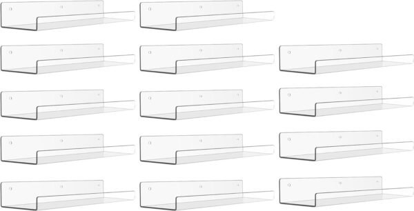 upsimples 4 Pack Acrylic Shelves for Wall Storage, 15" Floating Bookshelves for Kids, Display Shelf Organizer for Bathroom, Bedroom, Living Room, Kitchen, Room Decor, Clear