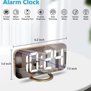 61IkHl5RUJL._AC_SL1500.jpg Digital Alarm Clock,7 in LED Mirrored Clocks Large Display,with 2 USB Charger Ports,Auto Dim,Night Mode,Modern Desktop Electronic Clocks for Bedroom Home Office Decor - Gold