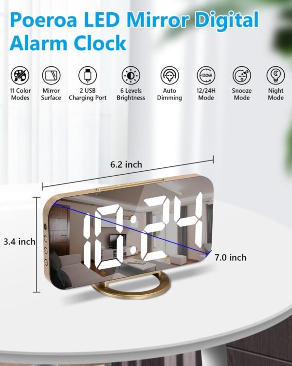 61IkHl5RUJL._AC_SL1500.jpg Digital Alarm Clock,7 in LED Mirrored Clocks Large Display,with 2 USB Charger Ports,Auto Dim,Night Mode,Modern Desktop Electronic Clocks for Bedroom Home Office Decor - Gold