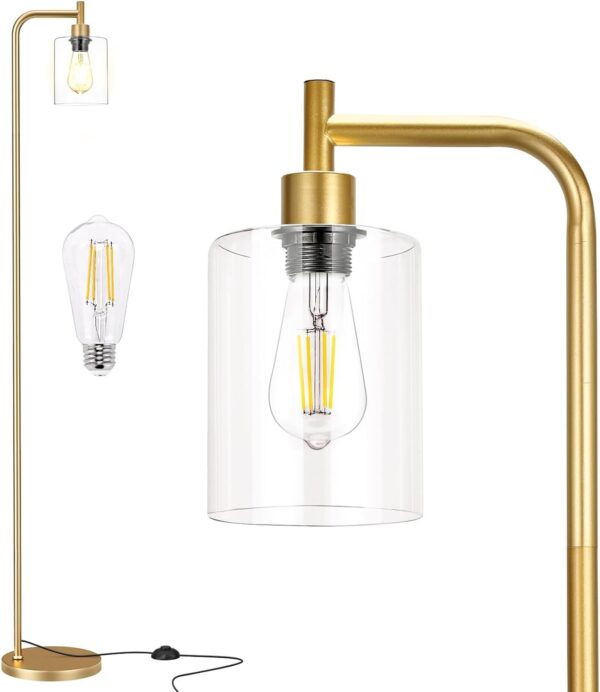Industrial Floor Lamp with Glass Shade - Black, LED Bulbs, Foot Pedal Switch, Easy Assembly