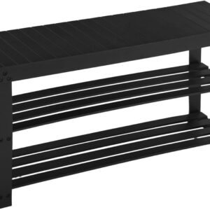 Apicizon Bamboo Shoe Rack for Entryway, 3-Tier Shoe Rack Bench for Front Indoor Entrance, Small Shoe Organizer with Storage, 35.4 Inches, Black