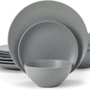 Famiware Moon Dinnerware Sets for 4, 12 Piece Stoneware Plates and Bowls Sets with Speckled Design, Matte Dish Set, Microwave and Dishwasher Safe, Charcoal
