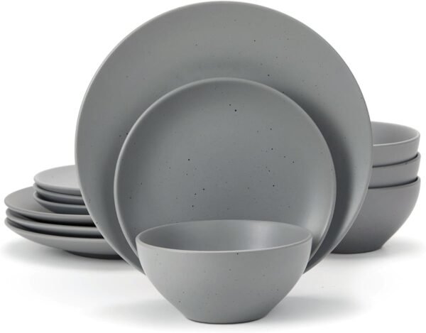 Famiware Moon Dinnerware Sets for 4, 12 Piece Stoneware Plates and Bowls Sets with Speckled Design, Matte Dish Set, Microwave and Dishwasher Safe, Charcoal