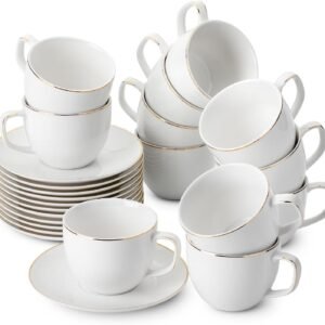 BTaT- White Tea Cups and Saucers, 8oz, Tea Cups Set of 12, Porcelain Tea Cups, White Cup & Saucer Sets, White Tea Cup Set of 12, Tea Cup Sets, Bulk Tea Cups and Saucers Set of 12, Tea Cups and Sets
