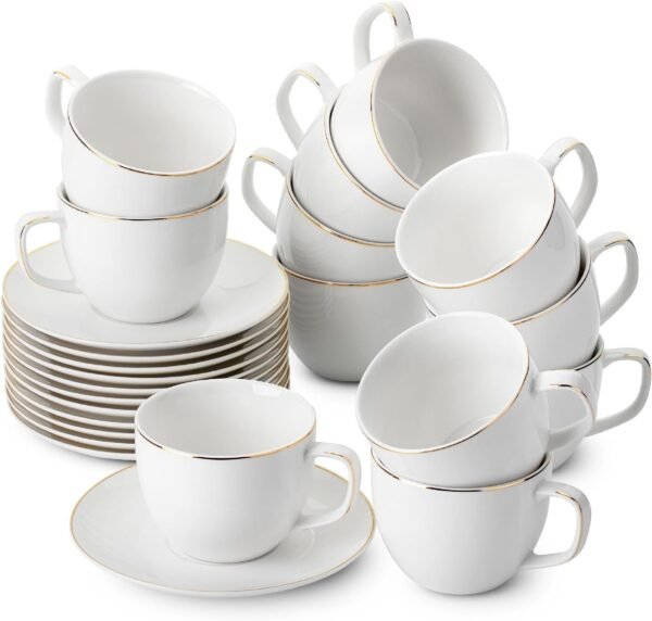 BTaT- White Tea Cups and Saucers, 8oz, Tea Cups Set of 12, Porcelain Tea Cups, White Cup & Saucer Sets, White Tea Cup Set of 12, Tea Cup Sets, Bulk Tea Cups and Saucers Set of 12, Tea Cups and Sets