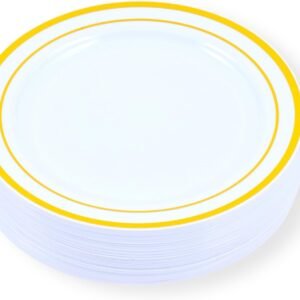 61LUDR7PNyL._AC_SL1500.jpg 60-Piece Plastic Plates Set Premium 30 Dinner Plates & 30 Salad Plates Pack, Disposable Plates for Party - White Plastic Wedding Plates with Rose Gold Rim
