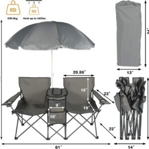 Double Folding Camping Chair W/Umbrella Fold Up Table Beverage Holder Carrying Bag Cooler for Patio Pool Park Outdoor Beach, Picnic, Portable (Grey)