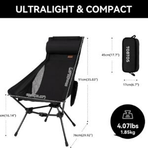 TOBTOS High Back Camping Chair, Lightweight Camping Chair with Headrest, Stable Portable Folding Chair for Outdoor Camp, Hiking, Backpacking(Black)