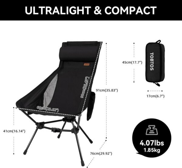TOBTOS High Back Camping Chair, Lightweight Camping Chair with Headrest, Stable Portable Folding Chair for Outdoor Camp, Hiking, Backpacking(Black)
