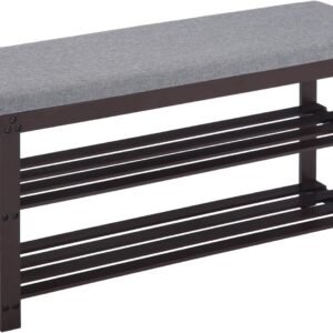 Apicizon Bamboo Shoe Rack for Entryway, 3-Tier Shoe Rack Bench for Front Indoor Entrance, Small Shoe Organizer with Storage, 35.4 Inches, Black