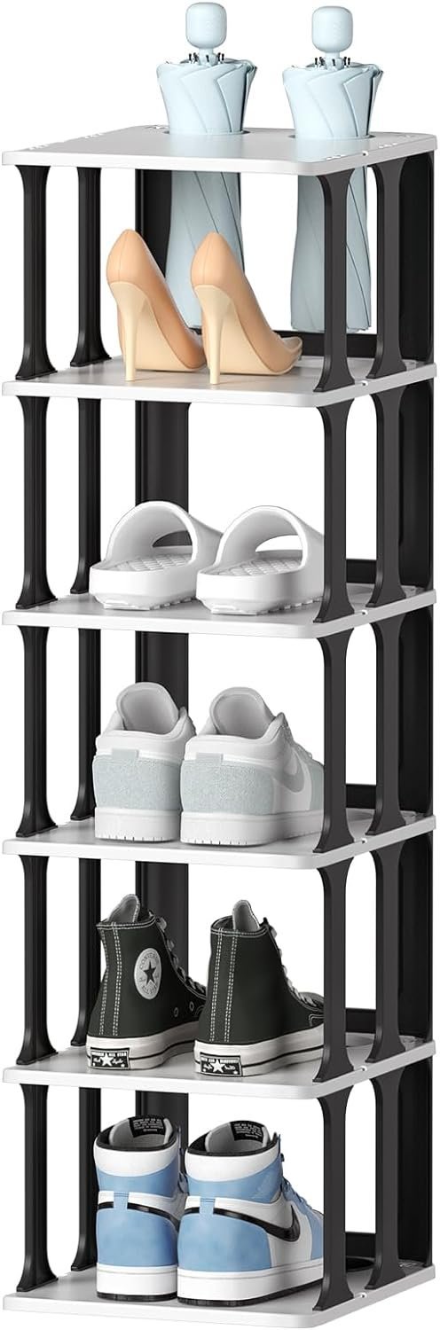 6 Tier Narrow Shoe Rack, Small Stackable Shoe Stand, Space Saving Furniture Shoe Storage Organizer for Entryway, Closet, Vertical Shoe Tower Rack