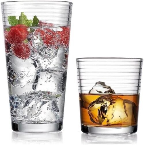 61RswRbqY3L._AC.jpg Glaver's Drinking Glasses 16 Piece Set, 8-17 Oz. Highball Glasses, 8-13 Oz. Whiskey Rocks, Ideal for Water, Juice, Cocktails, and Iced Tea. Dishwasher safe